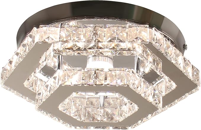 CXGLEAMING Modern Crystal Chandelier LED Flush Mount Ceiling Light Hexagonal Pendant Lamp Fixture 3 Color Changing Ceiling Light for Bedroom Hallway Bar Living Room Bathroom
