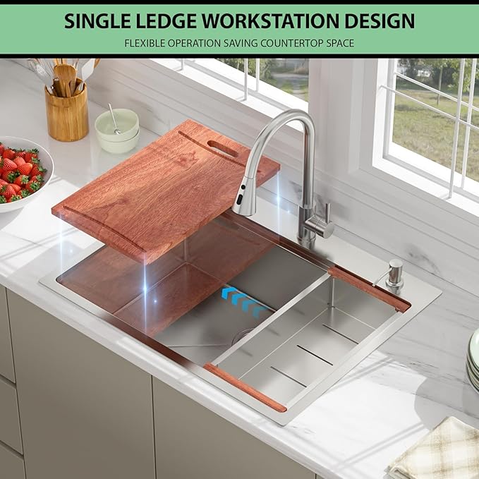 28 Drop In Kitchen Sink - Beslend 28x22 Kitchen Sink Drop In Workstation with Faucet, Stainless Steel Sinks and Soap Dispenser Topmount 16 Gauge Single Bowl Above Counter Dish Basin 9" Deep