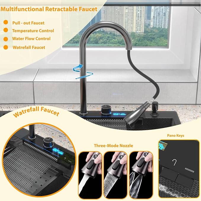 30inch Drop In Waterfall Kitchen Sink Metal Black -Feibus 30x22x10 Sink with Faucet Combo Double Step Workstation 16 Gauge Multifunctional Stainless Steel Single Bowl