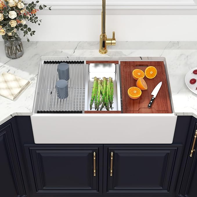 Kichae 33 White Farmhouse Sink Workstation - 33 x 20 Flat Apron Front Farmhouse Kitchen Sink Farm Farmer Porcelain Fireclay Ceramic Ledge Workstation Single Bowl Basin