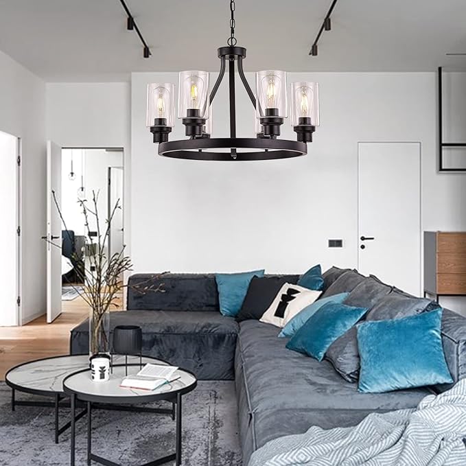 Farmhouse Chandelier for Dining Room Light Fixture Black Kitchen Pendant Light 6-Light Round Rustic Ceiling Hanging Lighting with Glass Globes Adjustable Height Metal E26