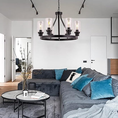 Farmhouse Chandelier for Dining Room Light Fixture Black Kitchen Pendant Light 6-Light Round Rustic Ceiling Hanging Lighting with Glass Globes Adjustable Height Metal E26