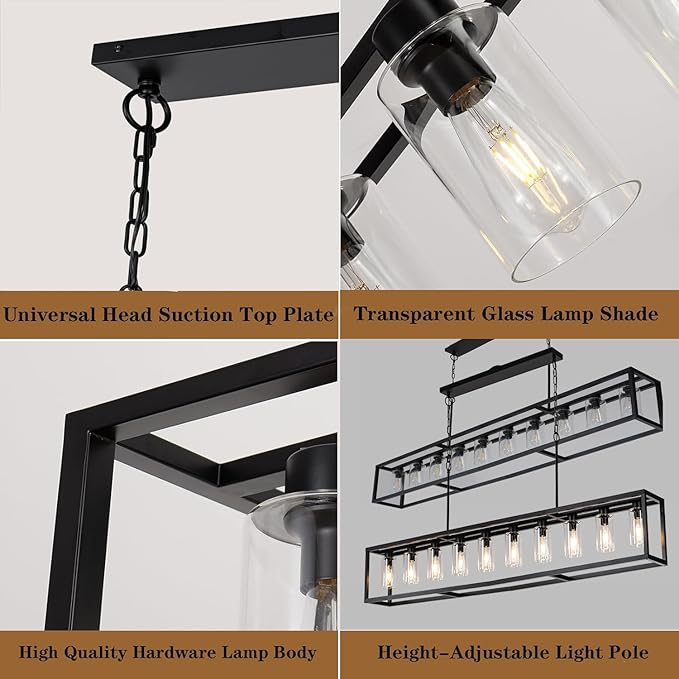 Farmhouse Dining Room Light Fixture Kitchen Island Pendant Lighting Rectangle Black Dining Room Lighting Fixture Modern Pendant Contemporary Chandeliers with Glass Shade Adjustable (10 Light)