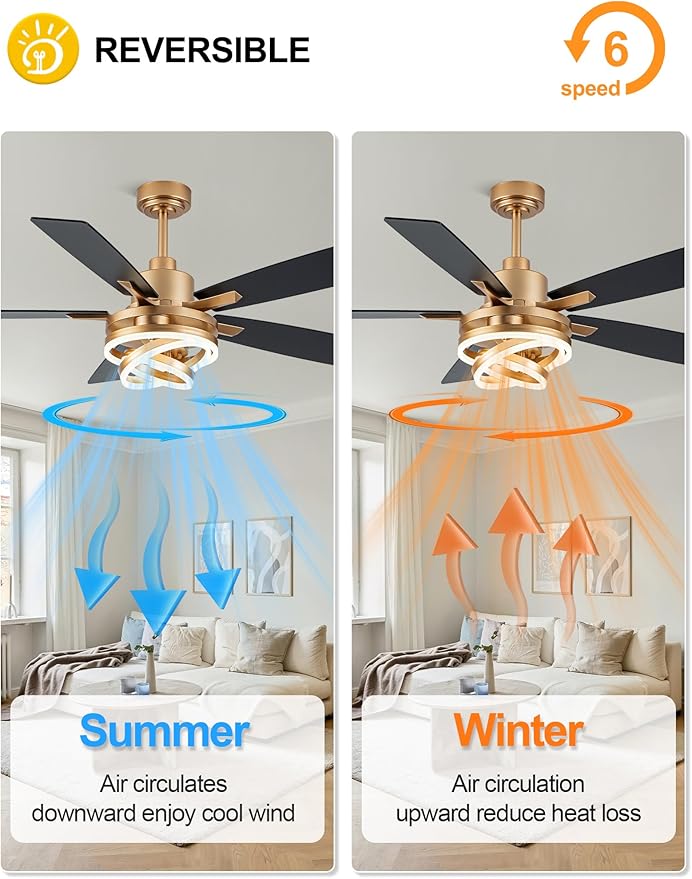 Dawn Whisper 52" Ceiling Fan with Light Gold Chandelier Fan DC Motor Dimmable LED Modern Ceiling Fan with Light for Bedroom Living Room