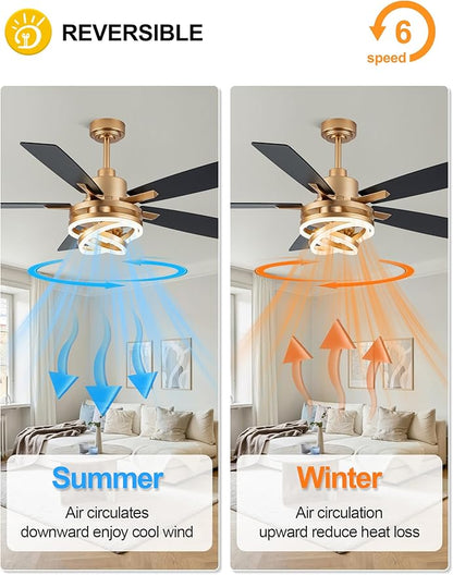 Dawn Whisper 52" Ceiling Fan with Light Gold Chandelier Fan DC Motor Dimmable LED Modern Ceiling Fan with Light for Bedroom Living Room
