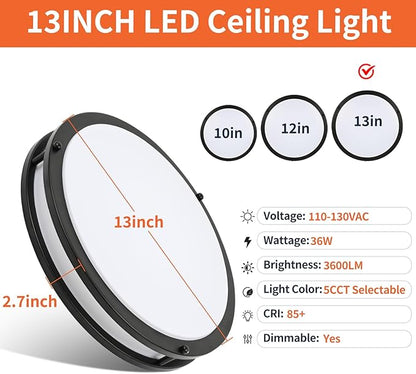 13Inch 36W Ceiling Light Fixture, 5CCT Adjustable 2700K 3000K 4000K 5000K 6500KLED Flush Mount Ceiling Mount Light, Dimmable Close to Ceiling Lighting for Bathroom Kitchen Stairwell Bedroom, Black