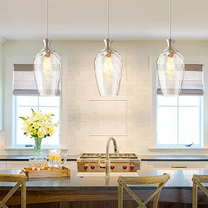 Glass Pendant Lights Kitchen Island, 1-Light Brushed Nickel Pendant Light Fixtures with Hand-Blown Clear Glass, Modern Farmhouse Hanging Light for Kitchen Sink Dining Room Bedroom, E26
