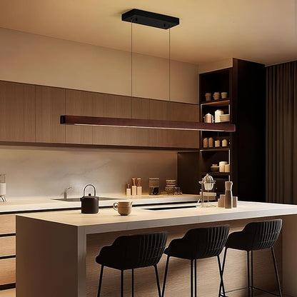 71" Wood Linear Pendant Light, Modern Pendant Lights Kitchen Island with Remote, 24W LED Wood Linear Hanging Chandelier for Dining Room, Kitchen Island, Bar, Pool Table-Walnut