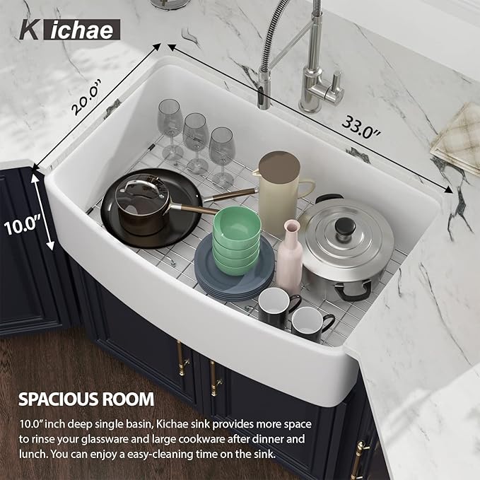 33 White Farmhouse Kitchen Sink Arched Apron - Kichae 33 Inch Kitchen Sink Apron Front White Fireclay Ceramic Porcelain Single Bowl Farm Style Kitchen Sinks Basin