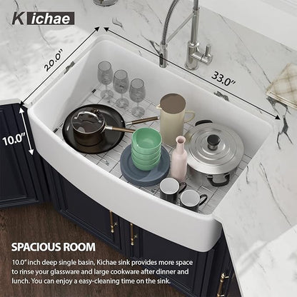 33 White Farmhouse Kitchen Sink Arched Apron - Kichae 33 Inch Kitchen Sink Apron Front White Fireclay Ceramic Porcelain Single Bowl Farm Style Kitchen Sinks Basin