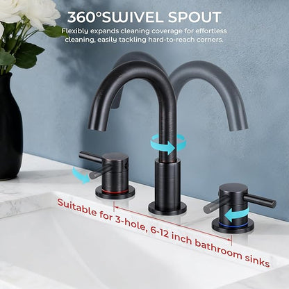 FGKQ Oil Rubbed Bronze Bathroom Faucet for Sink 3 Hole, Bathroom Sink Faucet with Pop Up Drain, 8 Inch Widespread Vanity Faucet 3 Hole, 360° Swivel Two Handle with Supply Lines