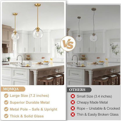 2 Pack 7.2-Inch Globe Pendant Lights, Mid Century Gold Pendant Light Fixtures, Globe Pendant Lights Kitchen Island with Clear Glass Shade Adjustable Hanging Fixture for Dining Room Bulbs not Included