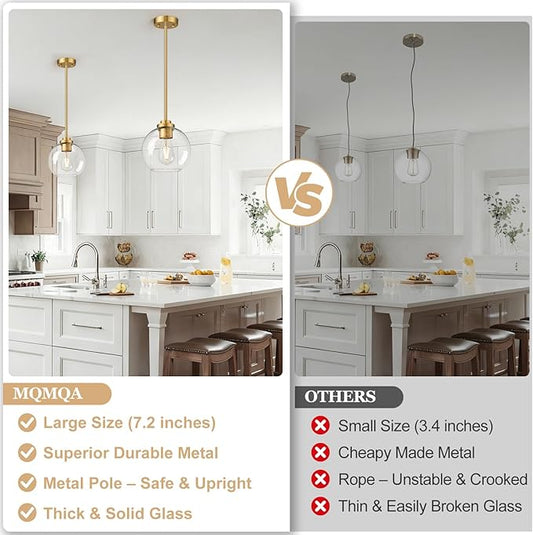 2 Pack 7.2-Inch Globe Pendant Lights, Mid Century Gold Pendant Light Fixtures, Globe Pendant Lights Kitchen Island with Clear Glass Shade Adjustable Hanging Fixture for Dining Room Bulbs not Included