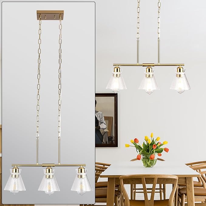 Gold Kitchen Island Lighting, 3-Light Farmhouse Pendant Light with Seeded Glass Shades, Adjustable Dining Room Chandelier for Entryway, Hallway, Foyer, Living Room, Bedroom