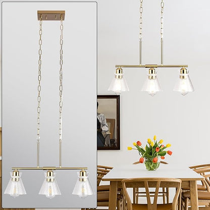Gold Kitchen Island Lighting, 3-Light Farmhouse Pendant Light with Seeded Glass Shades, Adjustable Dining Room Chandelier for Entryway, Hallway, Foyer, Living Room, Bedroom