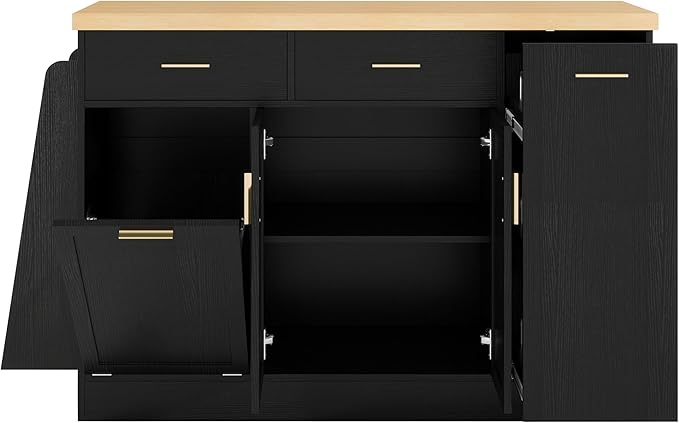 Multi-Functional Storage Sideboard with Sliding Door Cabinet, 3-Tier Spice Rack, Drawers, Trash Can Storage, Wood Kitchen Island Table for Kitchen, Dining Room (Black//5c)