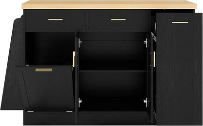 Multi-Functional Storage Sideboard with Sliding Door Cabinet, 3-Tier Spice Rack, Drawers, Trash Can Storage, Wood Kitchen Island Table for Kitchen, Dining Room (Black//5c)