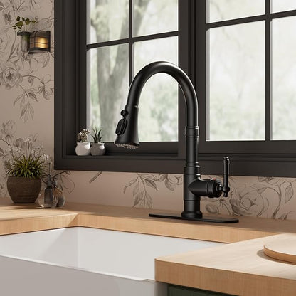 FORIOUS Vintage Kitchen Faucets with Pull Down Sprayer, Matte Black High Arc Single Handle Stainless Steel Rustic Pull Out Sink Faucet for Farmhouse Camper Rv Bar, Fit for 1 or 3 Hole
