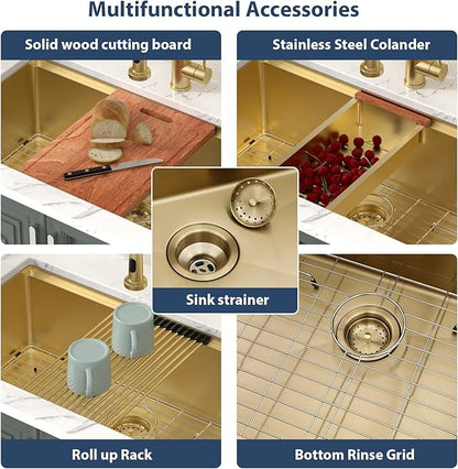 Lordear 28 Undermount Kitchen Sink Gold Stainless Steel 16 Gauge Under Counter Workstation Sink Single Bowl 304 Stainless Steel One Basin Handmade Sinks