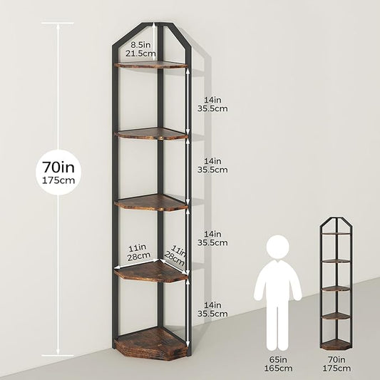 Fun Memories 5 Tier Corner Shelf, 70” Corner Shelf Stand, Corner Bookshelf Plant Stand, Storage Shelf for Bathroom, Living Room, Kitchen,Home Office, Brown