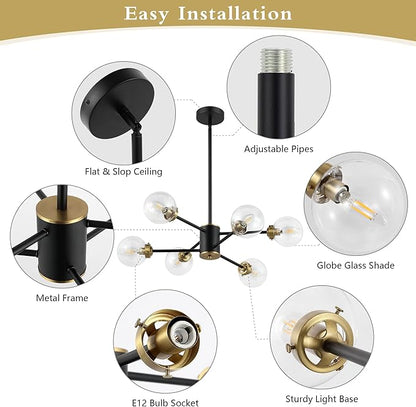 WINGBO 6-Light Sputnik Chandelier, Modern Pendant Light Fixture with 4.7" Clear Glass Globe Shade for Flat and Slop Ceiling, Height Adjustable for Kitchen Living Room Dining Room Bedroom, Black