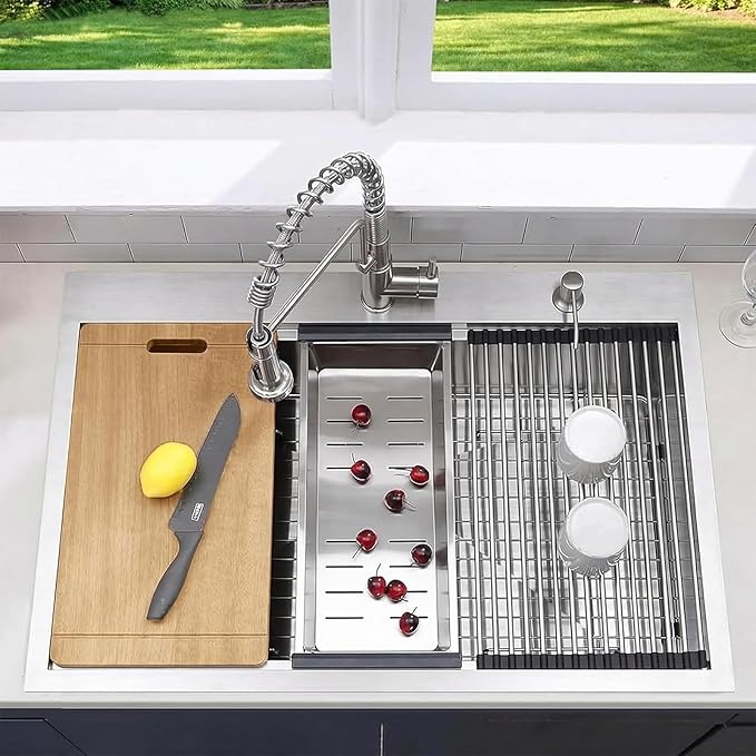 KINGO HOME Drop in Kitchen Sink,33"x 22" Inch Stainless Steel Kitchen Sinks,Brushed Nickel Single Bowl Basin Handmade Topmount workstation sink With Dish Grid,Dish Drainer,Cutting Board and Basket