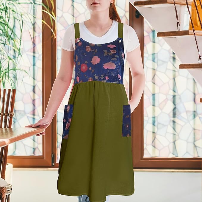 Cityelf Vintage Pinafore Apron Dress Snap Adjust Linen Cotton with Pockets Floral Aprons for Cooking Gardening