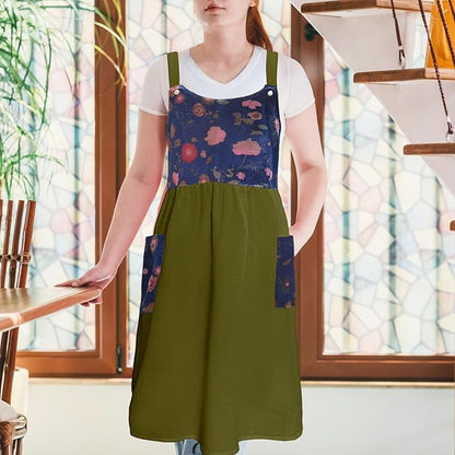 Cityelf Vintage Pinafore Apron Dress Snap Adjust Linen Cotton with Pockets Floral Aprons for Cooking Gardening