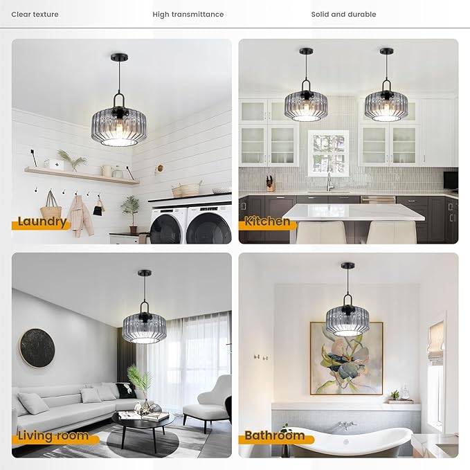 Gray Pendant Light Fixture Large Glass Pendant Light Fixture Vintage Industrial Ceiling Hanging Lights 11" Striped Wave Shade Black Metal Ceiling Hanging Lighting Farmhouse Kitchen