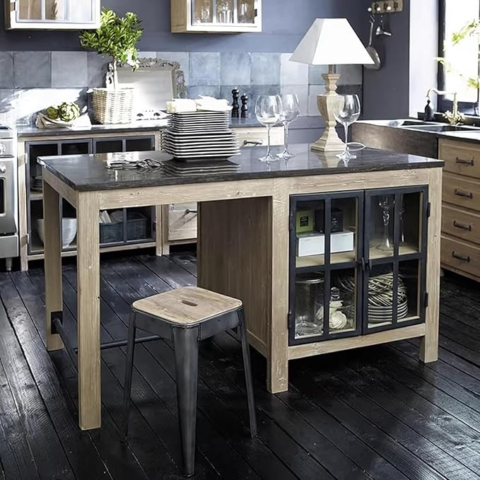 Island Table Farmhouse Kitchen Island with Cabinet Stone Top Wood Frame Freestanding Prep Table(Large)