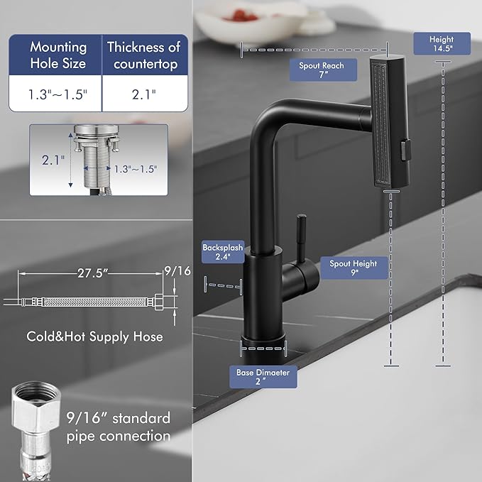 GIMILI Matte Black Kitchen Faucet with Pull Down Sprayer, Waterfall 15“ High Single Handle Kitchen Sink Faucets