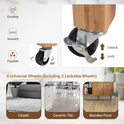 HAPPYGRILL Kitchen Island with Storage, Rolling Kitchen Cart with Shelves and Drawers, Multi-Purpose Bamboo Utility Cart Serving Cart on Lockable Wheels with Towel Rack