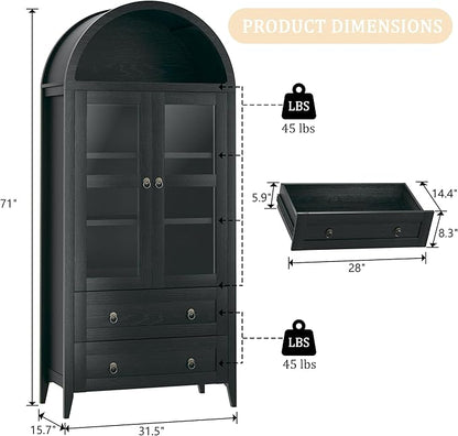 HUAHUU 71" Tall Arched Kitchen Pantry, Arched Cabinet, Kitchen Storage Cabinets with 2 Large Drawers & Adjustable Shelves & Glass Door for Living Room, Dining Room, Black