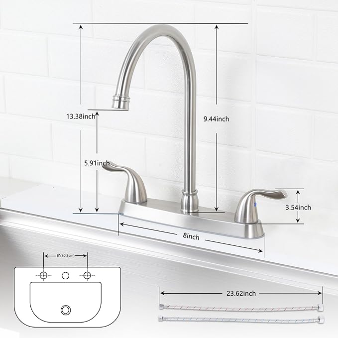 Brushed Nickel Kitchen Sink Faucet, 2 Handle 3 Hole Kitchen Faucet Without Sprayer, High Arc Swivel Spout Stainless Steel Sink Faucet for Rv Camper