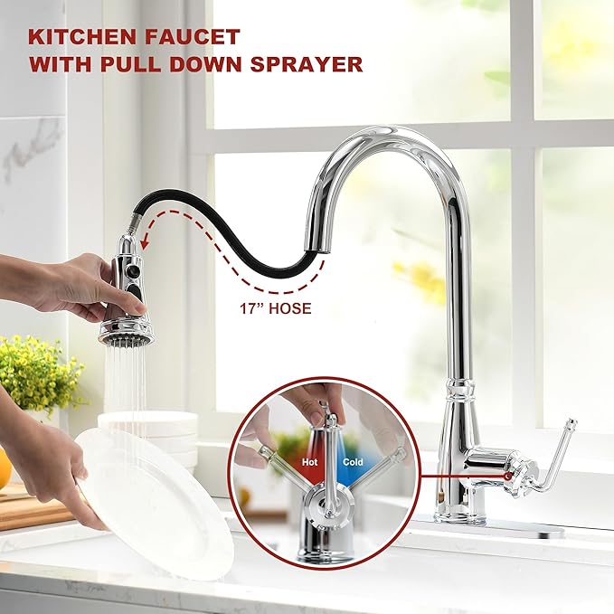 Kitchen Faucet with Pull Down Sprayer, 17 inch Polished Chrome Antique Single Handle Pull Out Kitchen Sink Faucet with Deck Plate for Classic Modern Ktichen