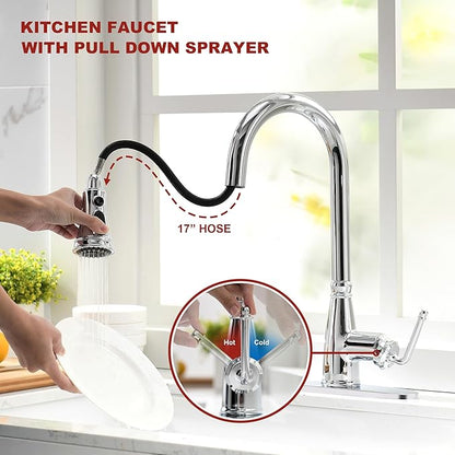 Kitchen Faucet with Pull Down Sprayer, 17 inch Polished Chrome Antique Single Handle Pull Out Kitchen Sink Faucet with Deck Plate for Classic Modern Ktichen