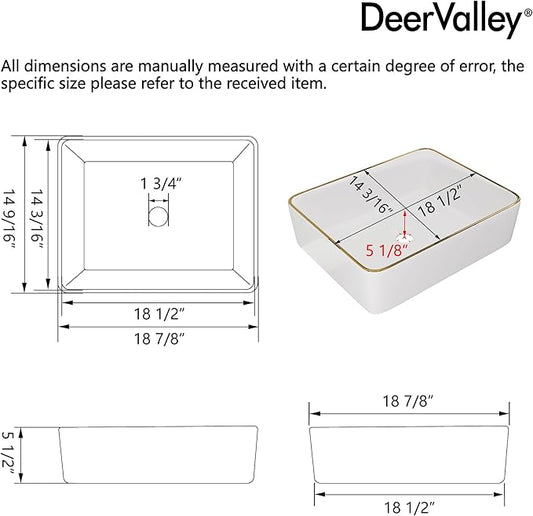 DeerValley 19x15 Inch Rectangular Vessel Sink, White Ceramic Bathroom Sink with Gold Trim, Above Counter Modern Basin, DV-1V0365