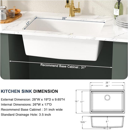 Lordear 28 Inch White Granite Composite Kitchen Sink Workstation 28x19 White Undermount Quartz Sinks Under Counter Single Bowl Sink with Classic Gold Accessories