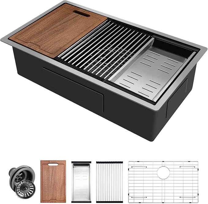PEPO 33 Inch Black Undermount Kitchen Sink Workstation with Cutting Board & Accessories 16 Gauge Stainless Steel Hides Scratches NANO-PVD Finish 33x19x10 Deep Single Bowl