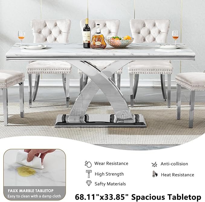 68" Faux Marble White Dining Table for 6-8, Modern Dining Room Table with 0.71" Marble Printing MDF Top and X-Shaped Silver Stainless Steel Base, Rectangle Kitchen Dinner Table