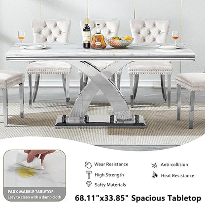 68" Faux Marble White Dining Table for 6-8, Modern Dining Room Table with 0.71" Marble Printing MDF Top and X-Shaped Silver Stainless Steel Base, Rectangle Kitchen Dinner Table