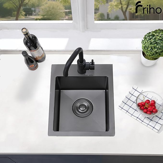 Friho 15x15 Inch Drop In Black Bar Sink, 16 Guage Stainless Steel Topmount Outdoor RV Small Kitchen Sink, 15 Inch Wet Prep Single Bowl Utility Bar Sink With Dish Grid & Drain
