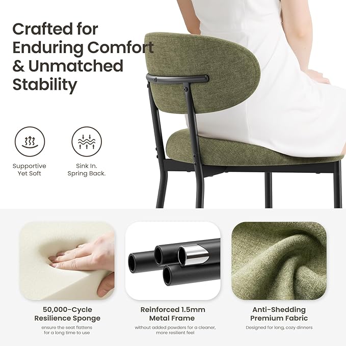 Upholstered Dining Chairs Set of 6, Modern Fabric Kitchen Chairs with Curved Backrest and Cushioned Seat, Sturdy Metal Legs, Comfortable Accent Chairs for Kitchen Dining Room, Living Room,Green
