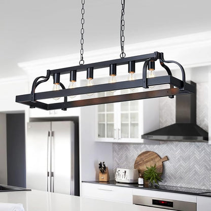 WUZUPS 6-Light Metal Pot Hanging Rack Chandelier Linear Pendant Ceiling Lighting Rustic Farmhouse Fixture Kitchen Island Dining Room, H 9.8" L 40.6" W11.8, E26 Base, Black