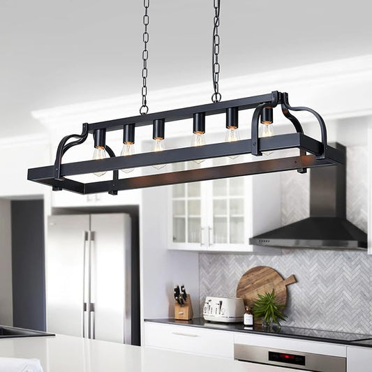 WUZUPS 6-Light Metal Pot Hanging Rack Chandelier Linear Pendant Ceiling Lighting Rustic Farmhouse Fixture Kitchen Island Dining Room, H 9.8" L 40.6" W11.8, E26 Base, Black
