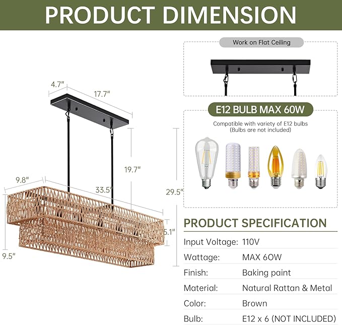 6-Light Boho Rattan Chandeliers for Dining Room, 2 Layer Large Linear Chandelier Rattan Pendant Light Fixture Farmhouse 34” Rectangle Chandelier for Kitchen Island Bar Living Room