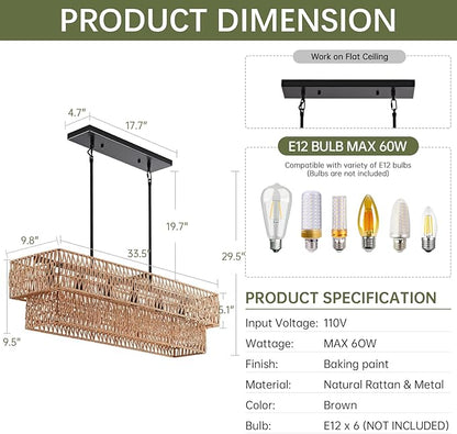 6-Light Boho Rattan Chandeliers for Dining Room, 2 Layer Large Linear Chandelier Rattan Pendant Light Fixture Farmhouse 34” Rectangle Chandelier for Kitchen Island Bar Living Room