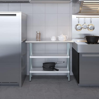 Stainless Steel Work Table with 2 Shelves | Kitchen Island Food Prep | Laundry Garage Utility Bench | NSF Certified (48" Long x 14" Deep)