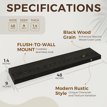 Dreamland 48 Inch Long Floating Shelves in Black,9.3 Inch Deep Floating Shelf for Wall,Large Display & Storage Shelf, Wall Shelf for Bathroom Bedroom Living Room Kitchen Office，Set of 2