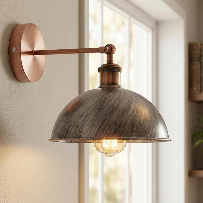 Dome Metal Wall Sconce, 180° Adjustable Industrial Wall Lamp for Bedside, Study, Kitchen, and Living Room Decor. (Brushed Silver*)